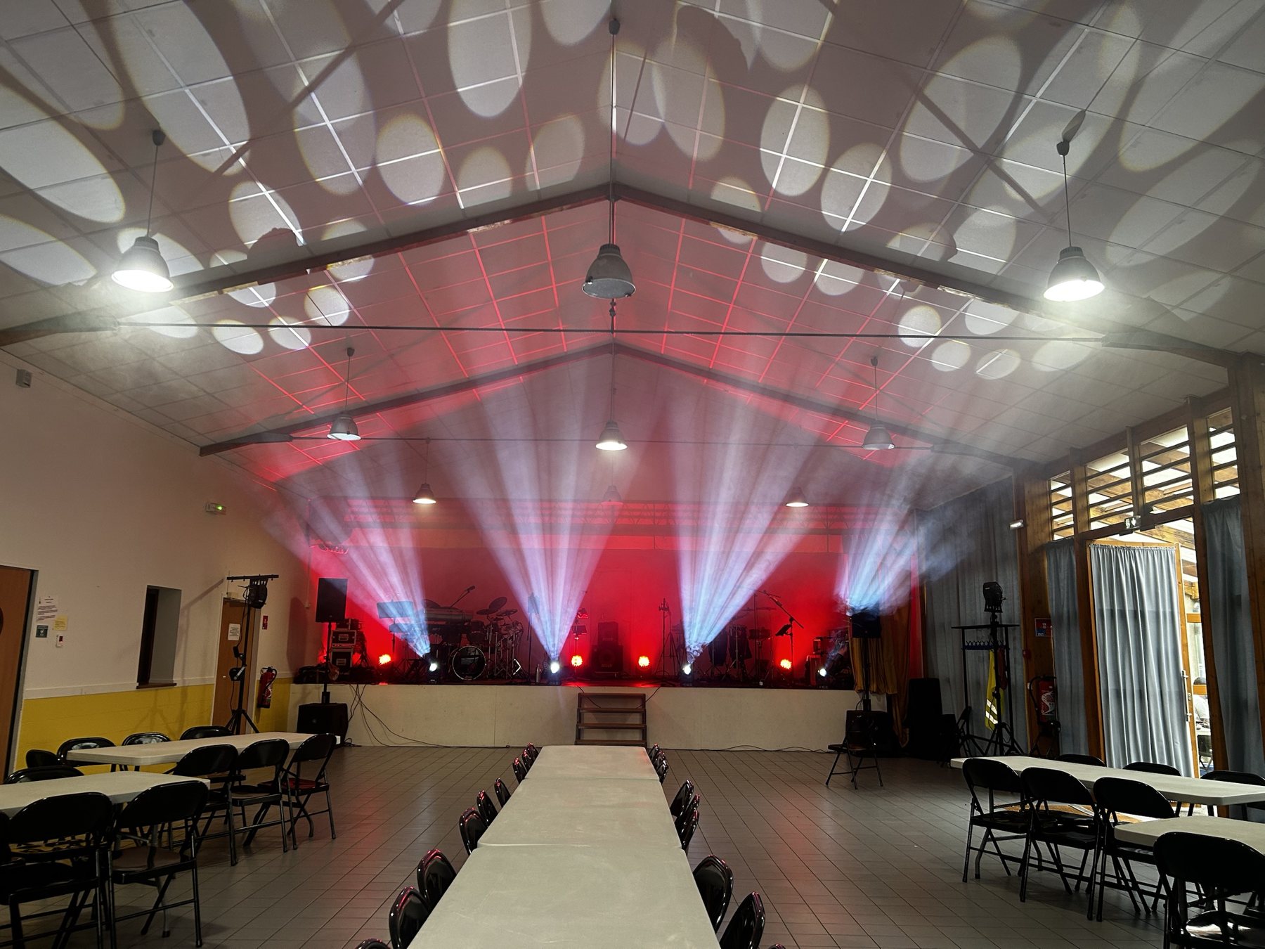 Village hall set up by SLP: moving heads, stage lighting and PA