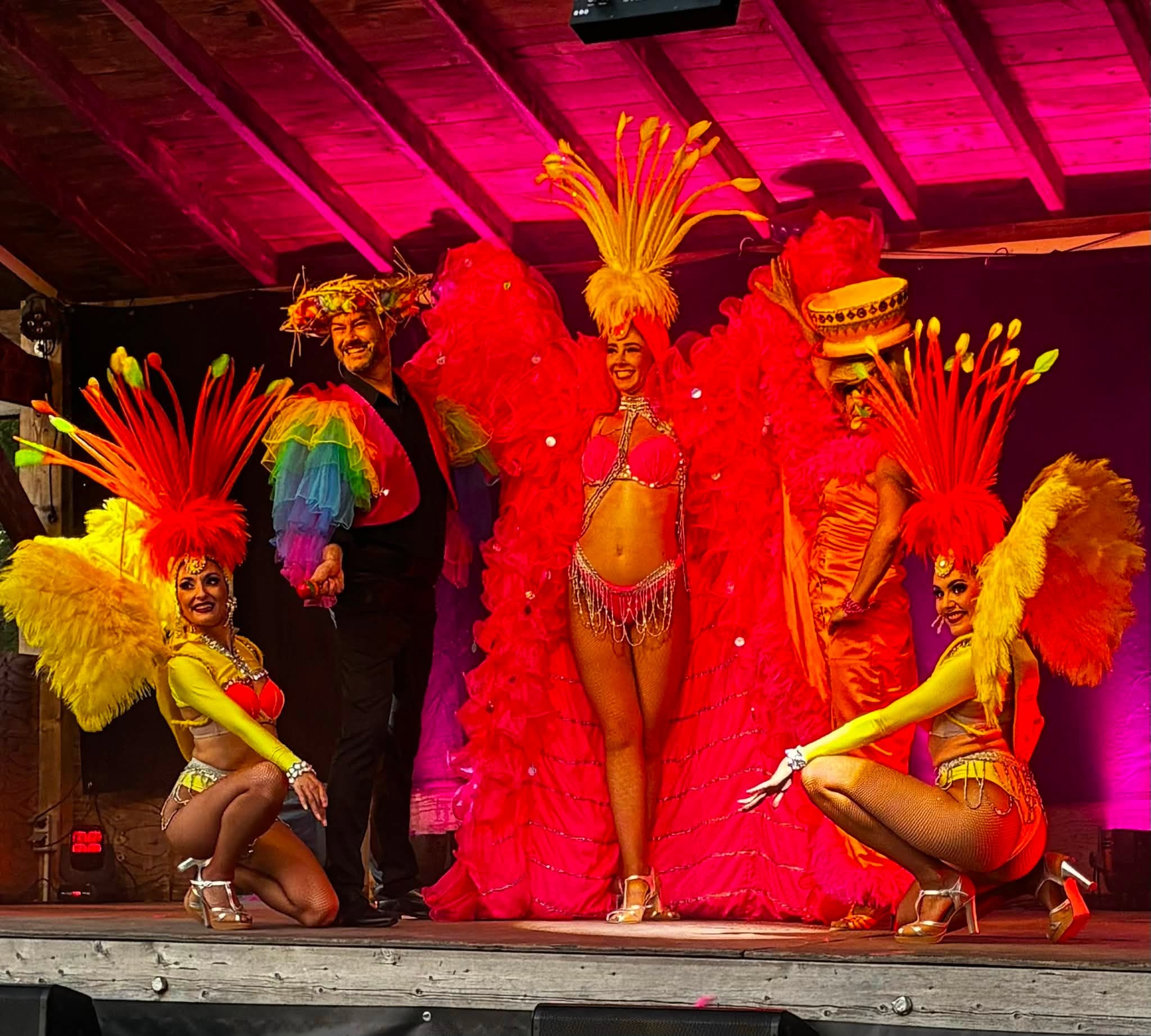 Cabaret show represented by SLP — artists and dancers in feathered costumes on stage